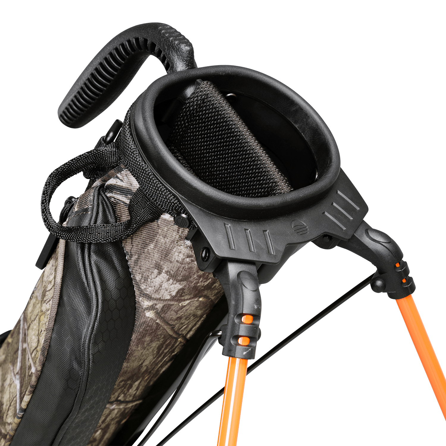 A close up top view of a mossy oak country dna Loma golf bag’s 2-way divider