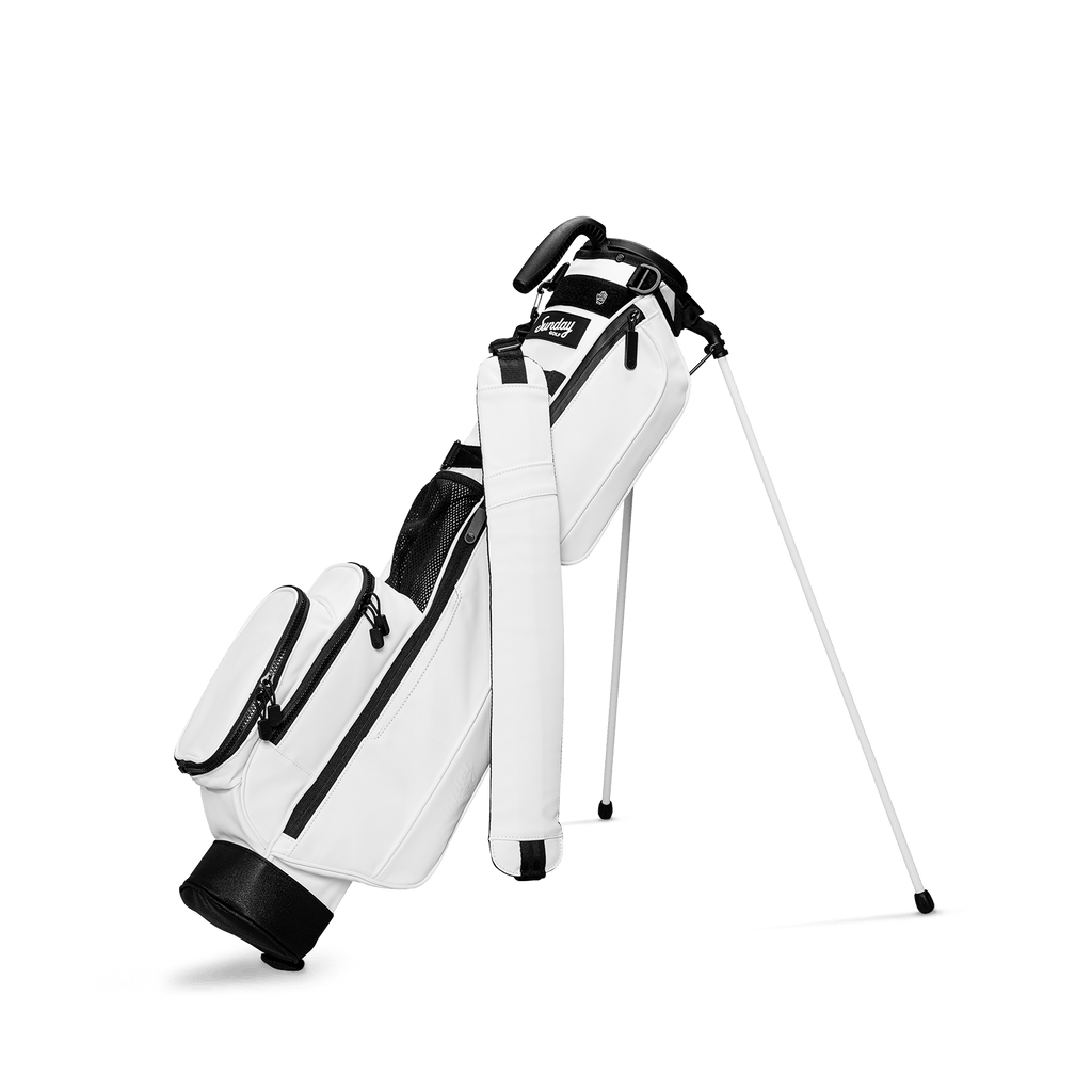 A full front shot of standing Loma S-Class golf bag in white vegan leather with single strap
