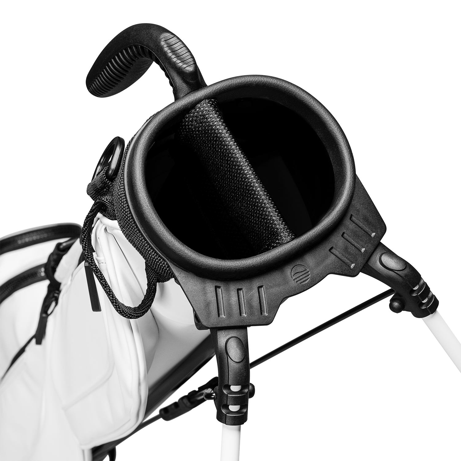 A close up top view of a white vegan leather Loma S-Class golf bag's full-length divider