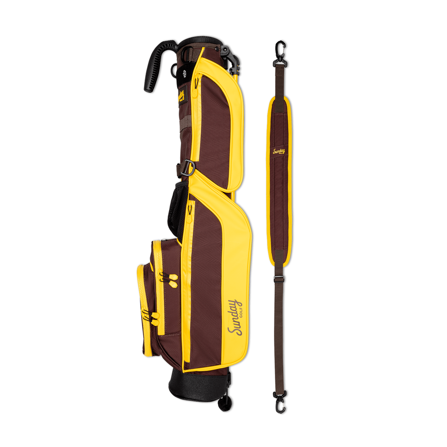 A full shot of Loma golf bag in Friars Brown laying flat sideways beside its single strap
