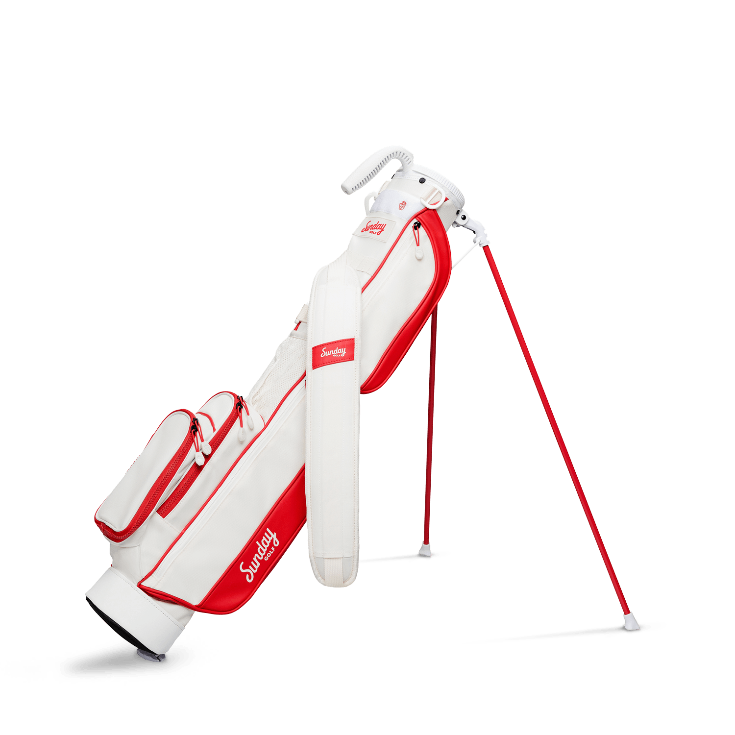 A full front shot of standing Loma golf bag in red & off-white with single strap
