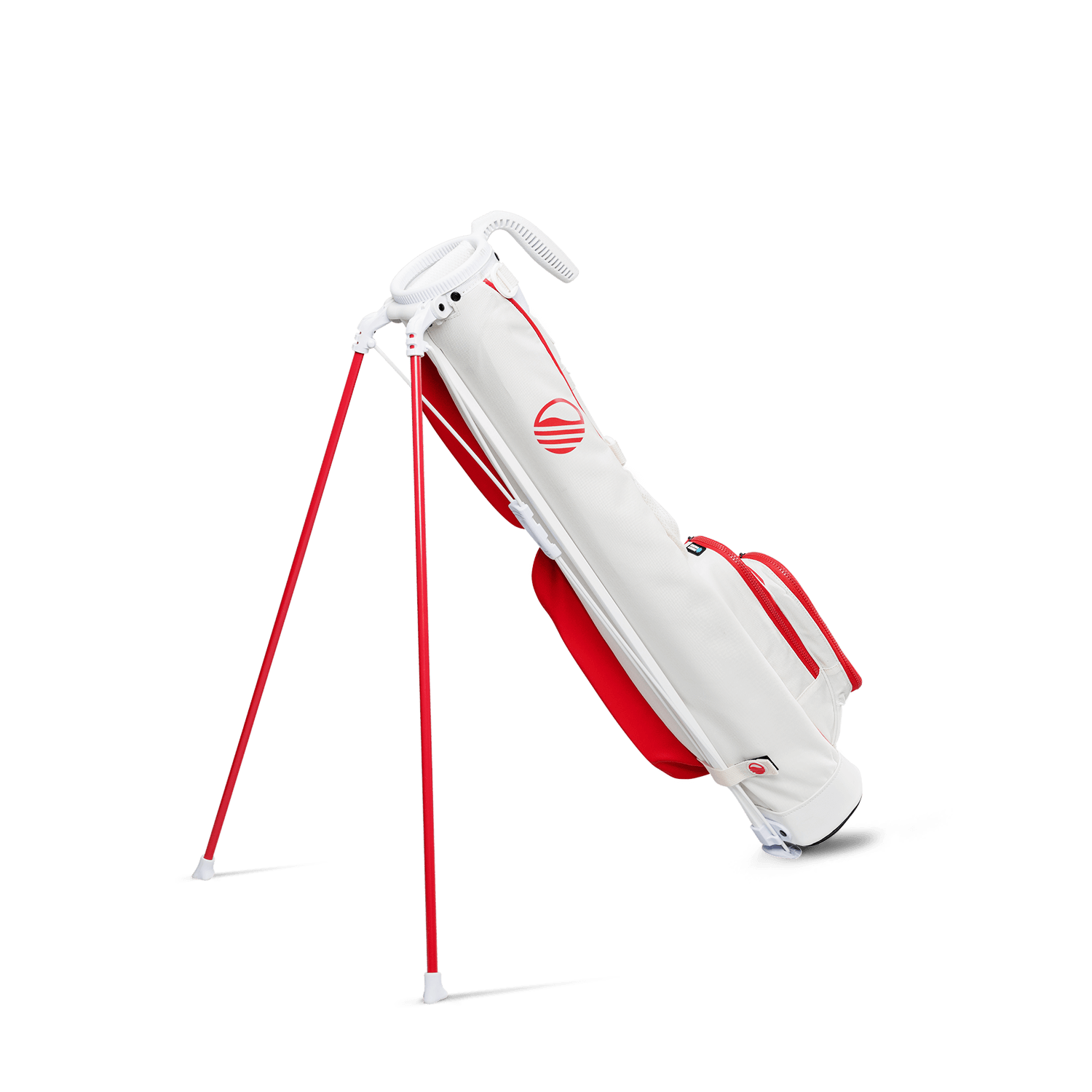 A full shot of standing Loma golf bag in red & off-white facing backward