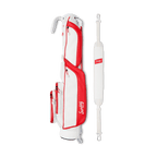 A full shot of Loma golf bag in red & off-white laying flat sideways beside its single strap