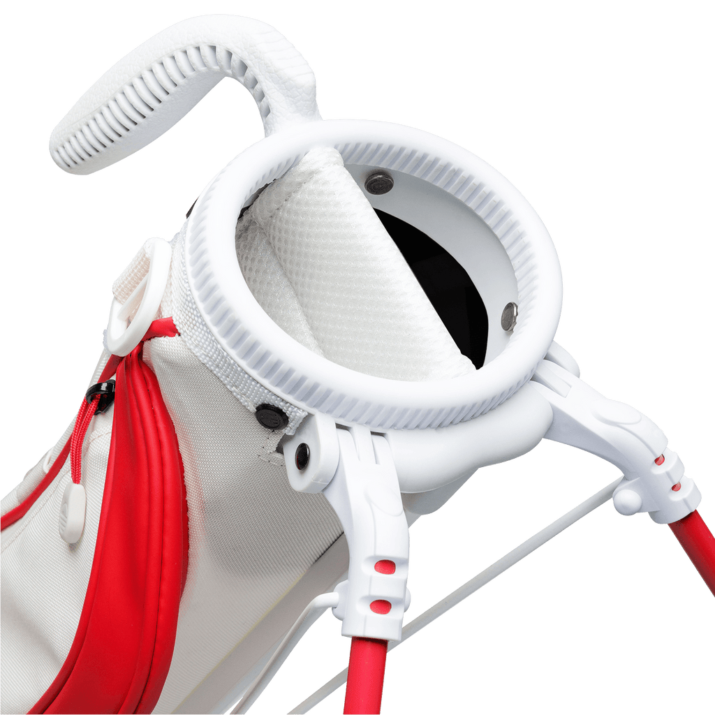 A close up top view of a red & off-white Loma golf bag’s 2-way divider
