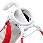 A close up top view of a red & off-white Loma golf bag’s 2-way divider