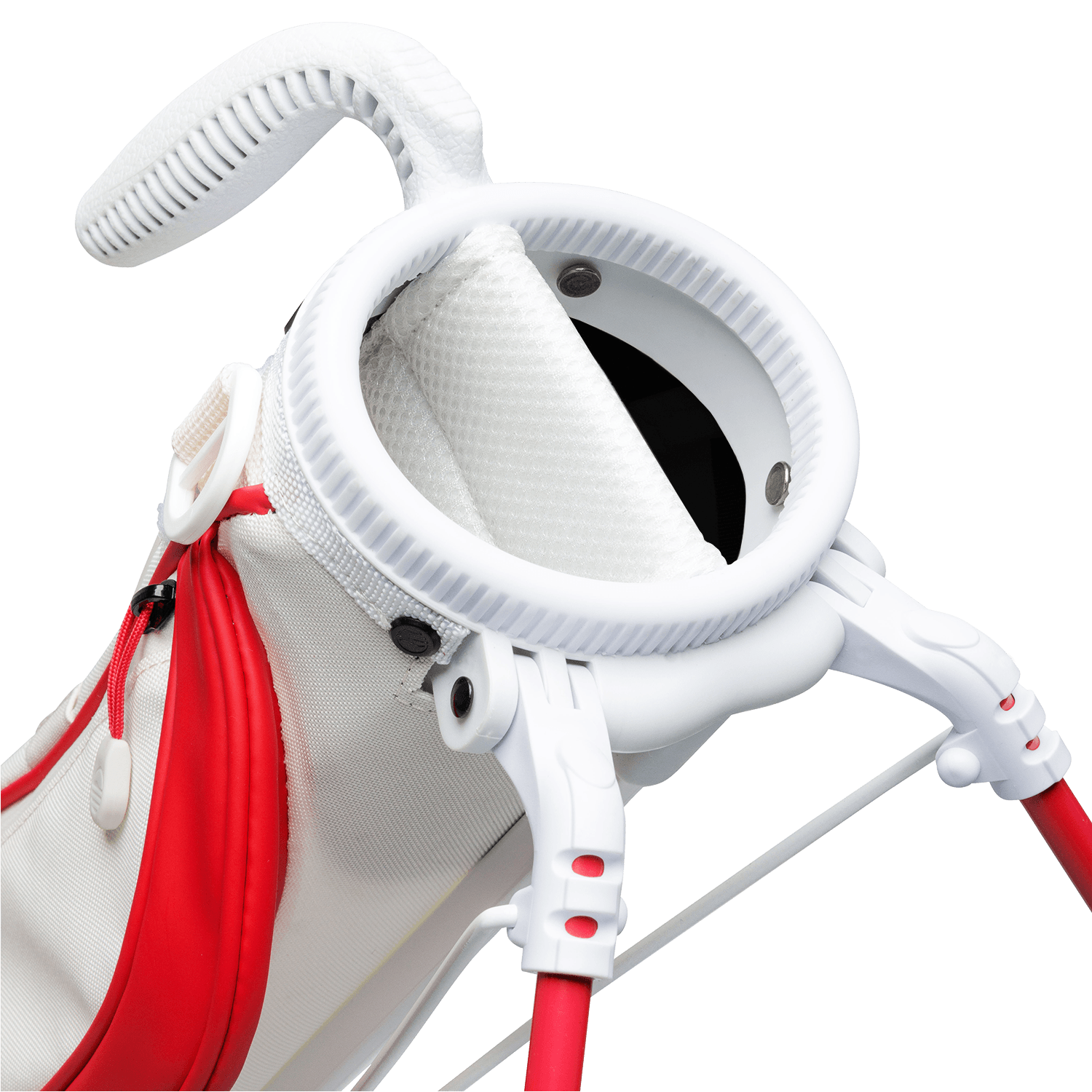 A close up top view of a red & off-white Loma golf bag’s 2-way divider