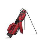 A full front shot of standing Loma golf bag in ron burgundy with single strap
