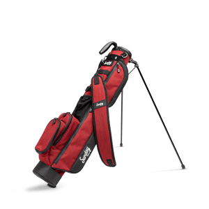 A full front shot of standing Loma golf bag in ron burgundy with single strap