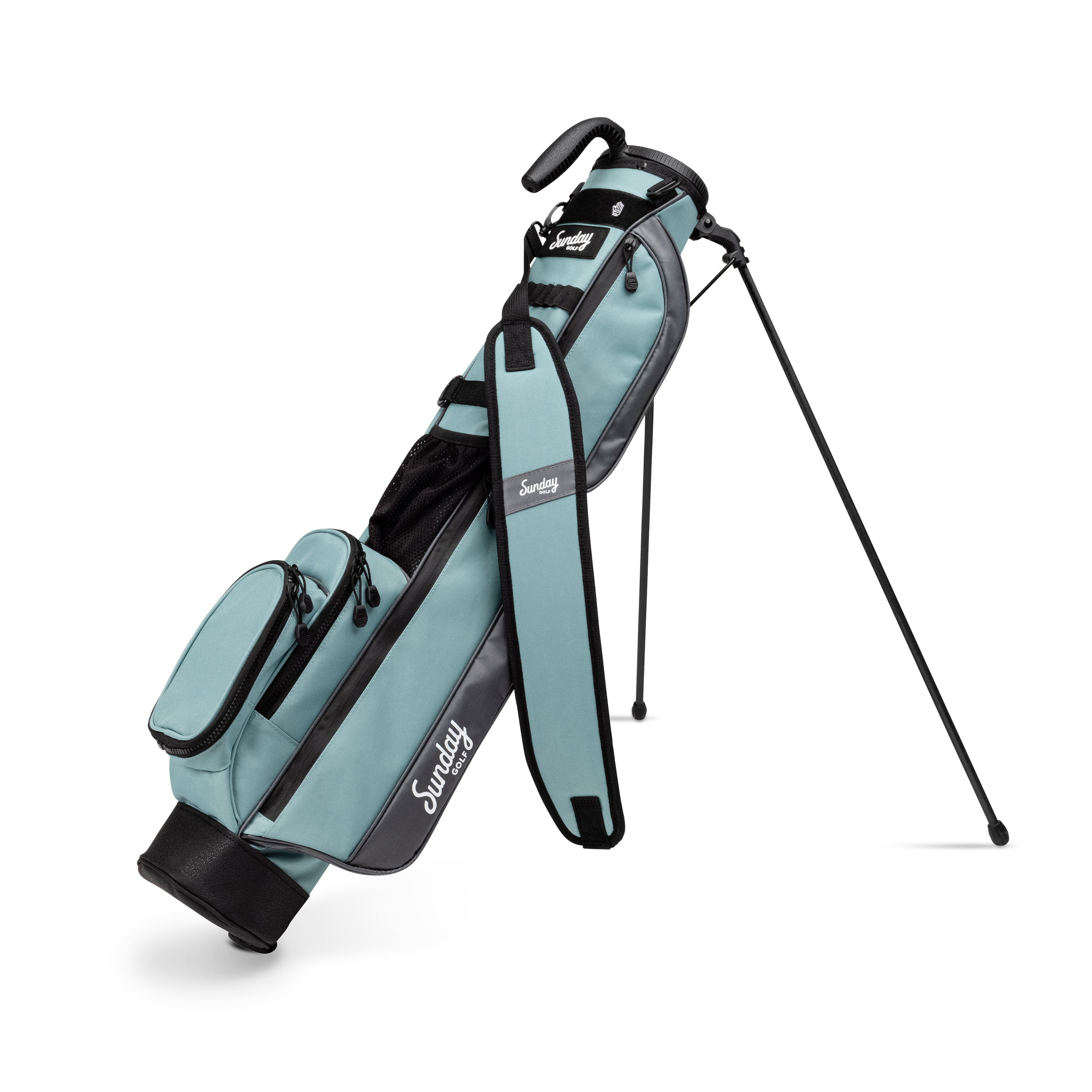 A full front shot of standing Loma golf bag in seafoam with single strap