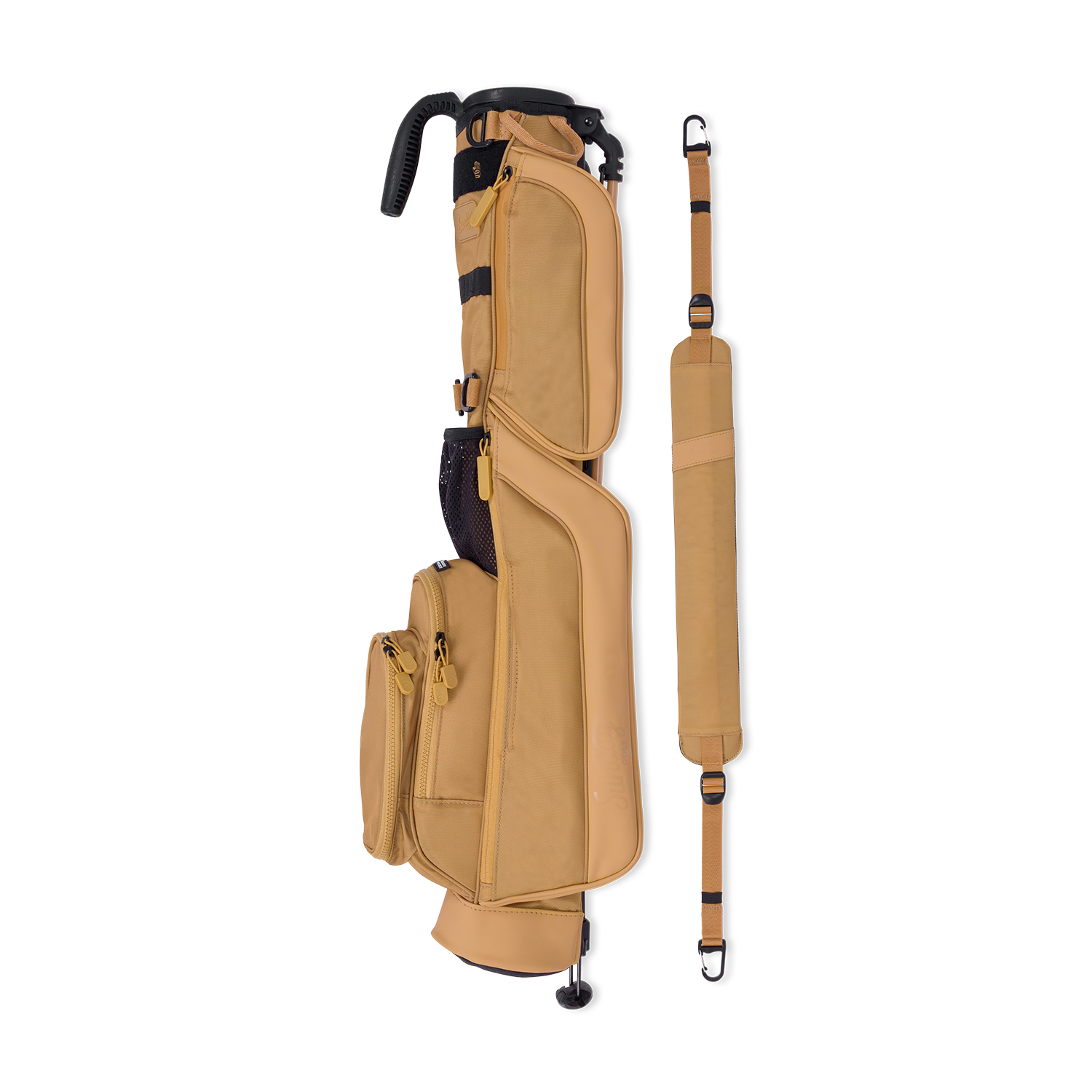 A full shot of Loma golf bag in clay thompson laying flat sideways beside its single strap
