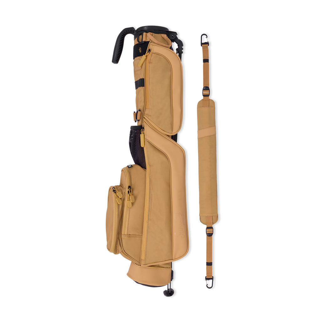 Beige golf bag with a strap on a white background