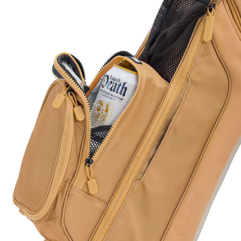 Tan leather bag with a close-up shot of the bag's pocket on a white background