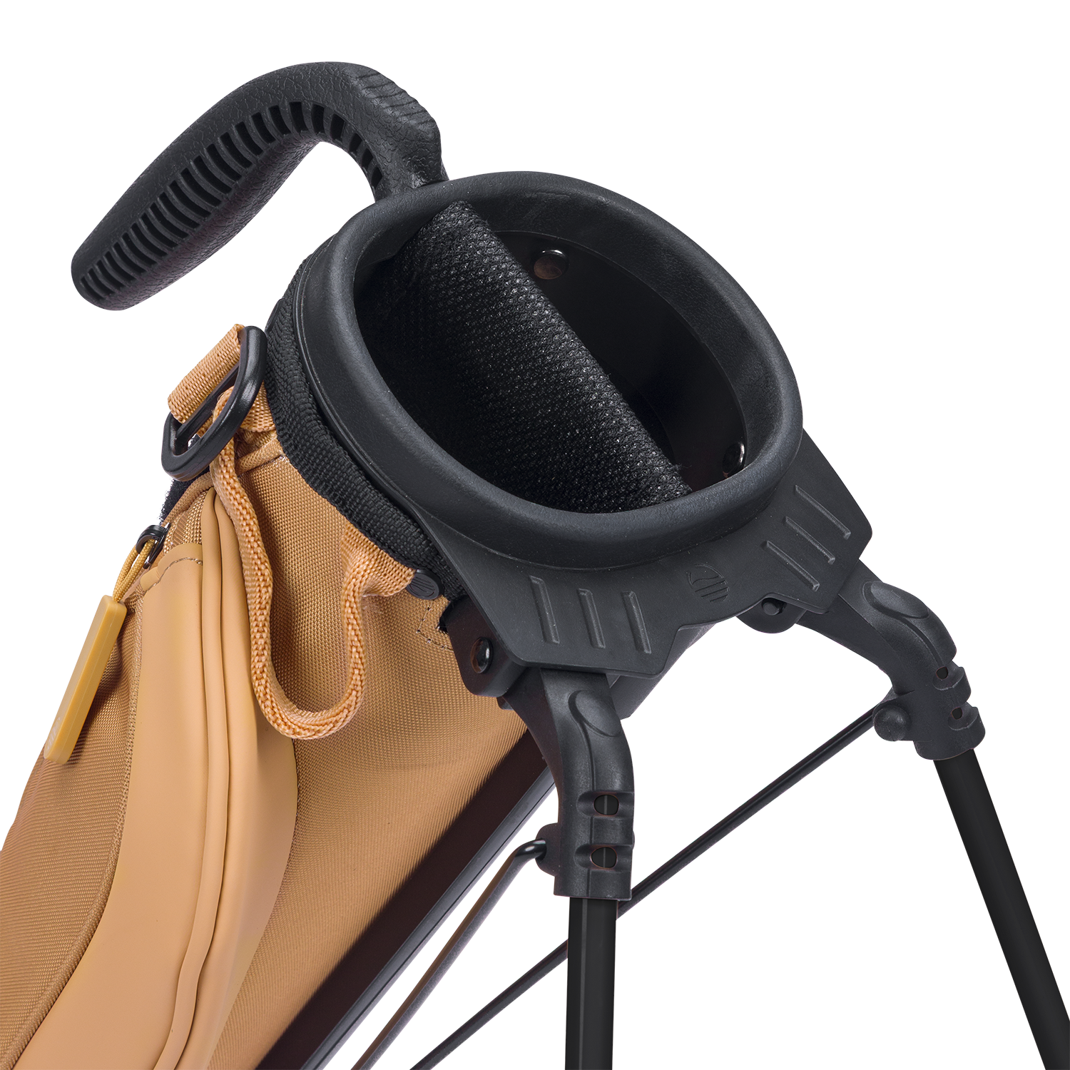 Close-up of a golf bag with a black stand and handle on a white background