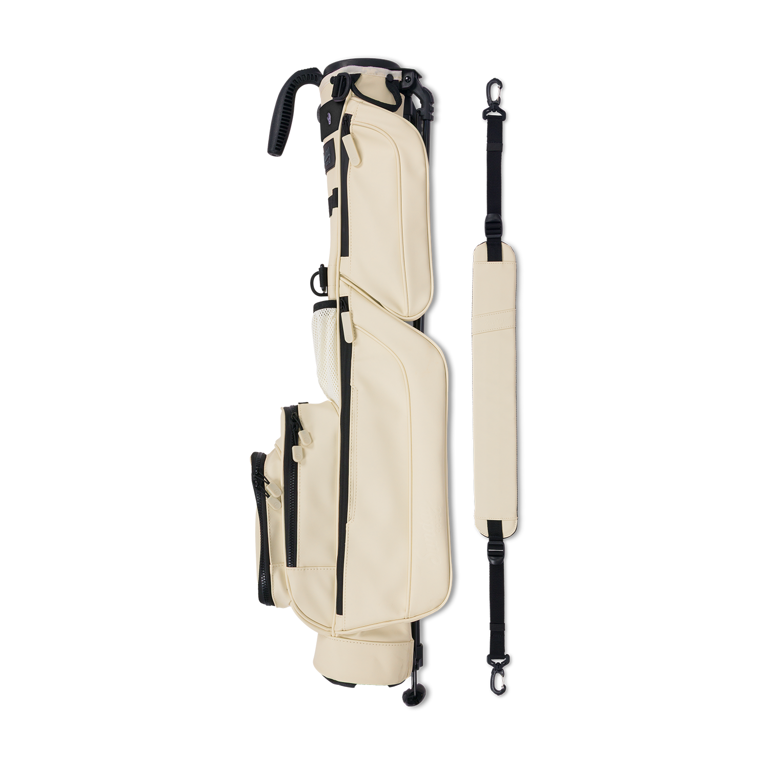 A full shot of Loma S-Class golf bag in Cream laying flat sideways beside its single strap
