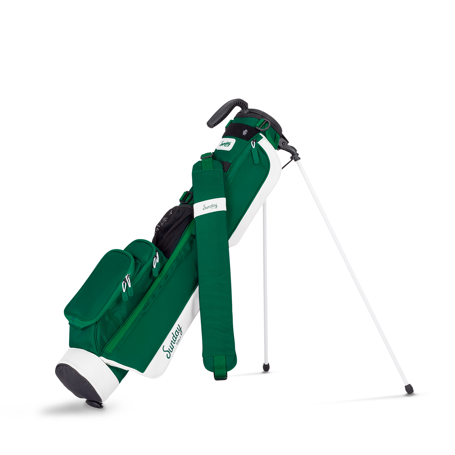 A full front shot of standing Loma golf bag in evergreen with single strap
