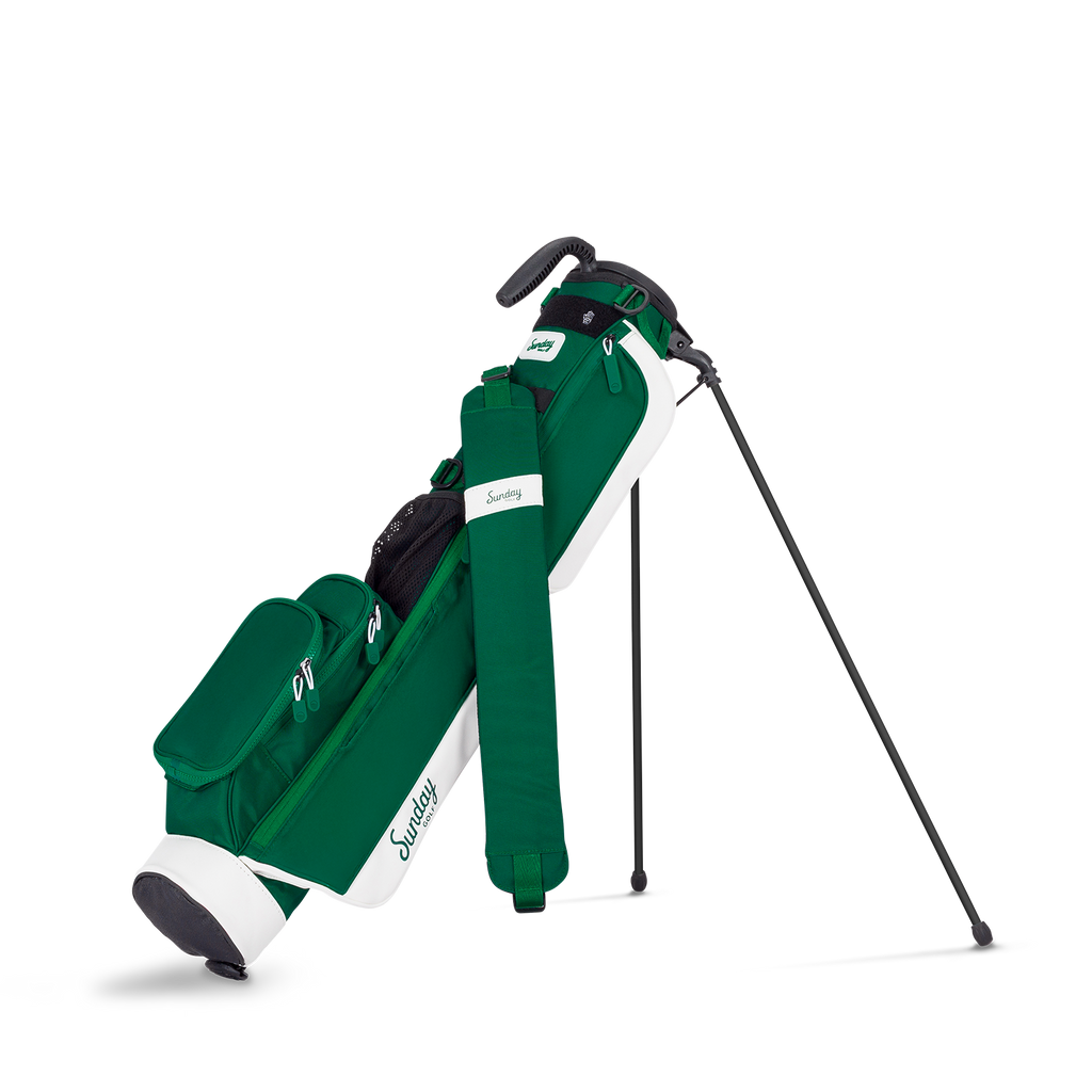 Green golf bag with a black and white club on a white background