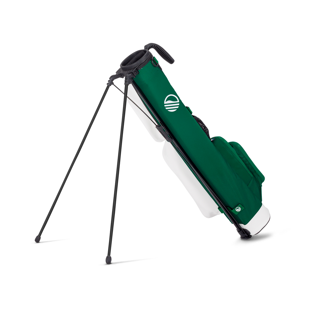 Green golf bag with stand on a white background