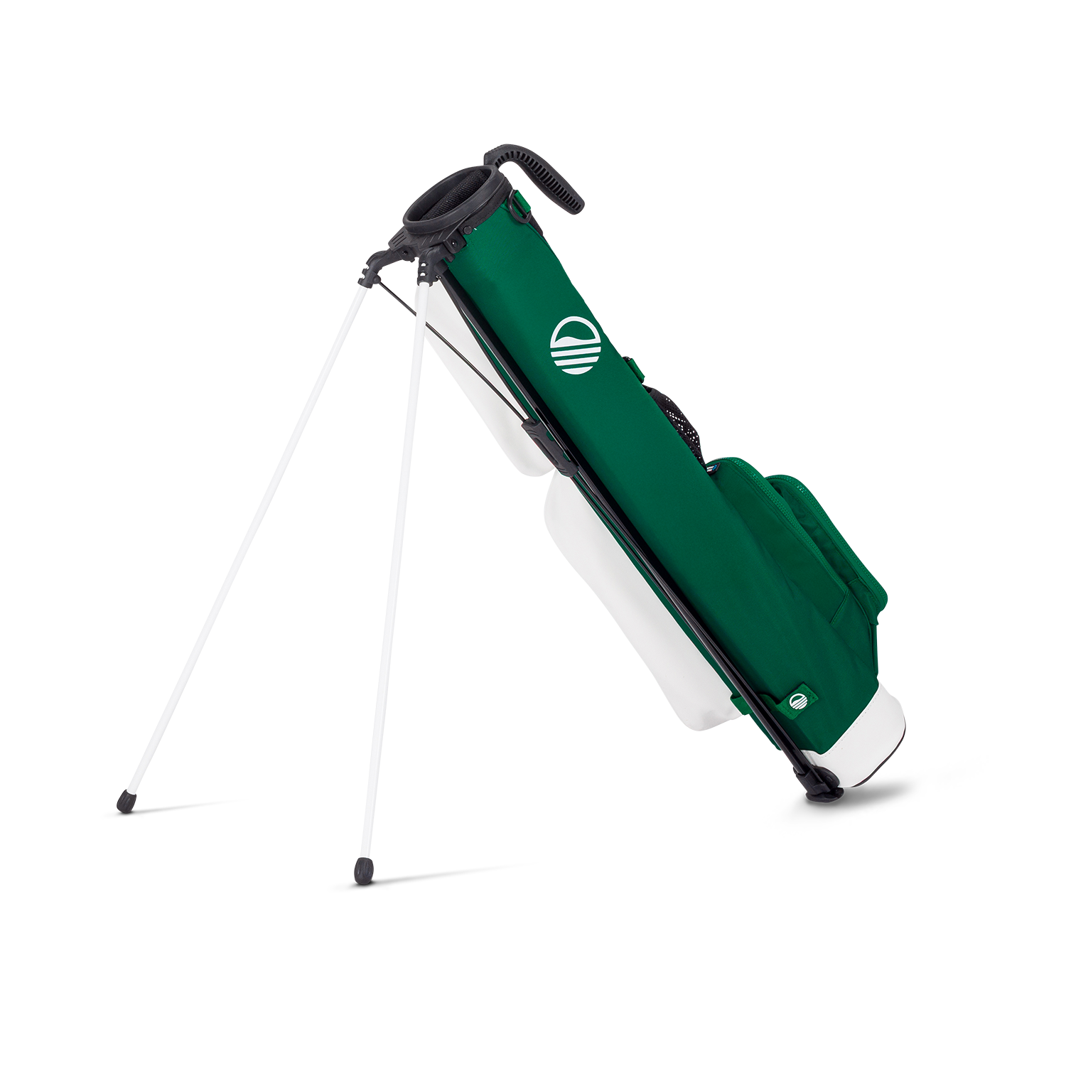 A full shot of standing Loma golf bag in evergreen facing backward
