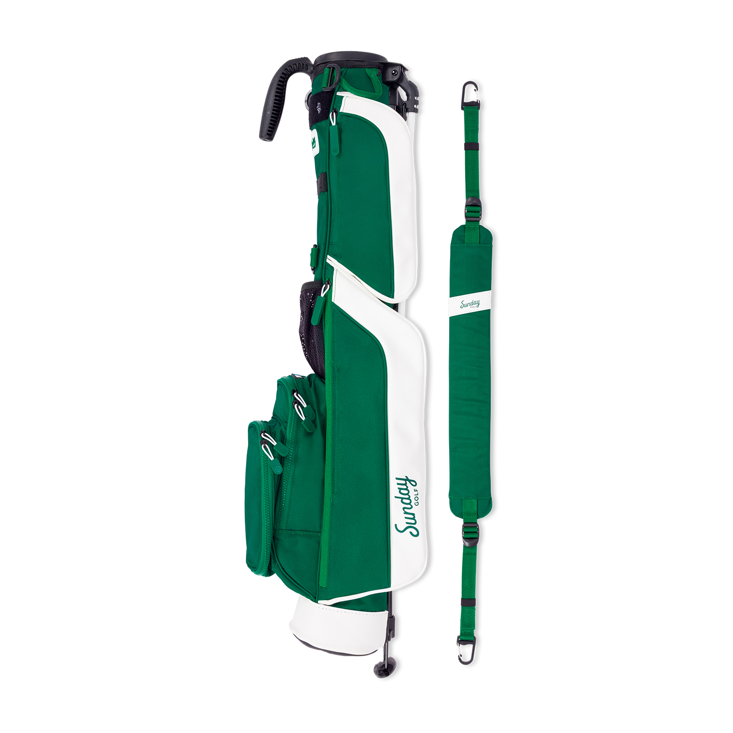 A full shot of Loma golf bag in evergreen laying flat sideways beside its single strap
