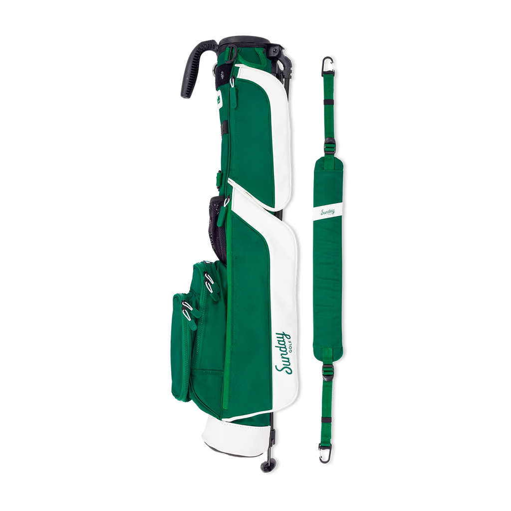 Green and white golf bag with strap on a white background
