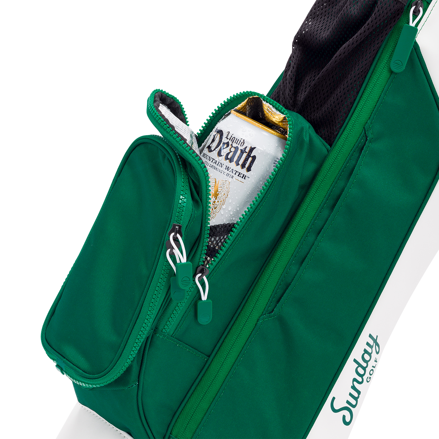 A close up shot of evergreen Loma golf bag's insulated pocket with a canned drink inside
