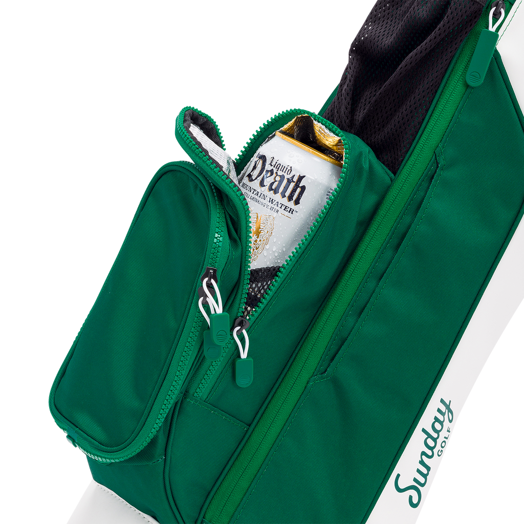 Green bag with a bottle of gin inside, on a white background