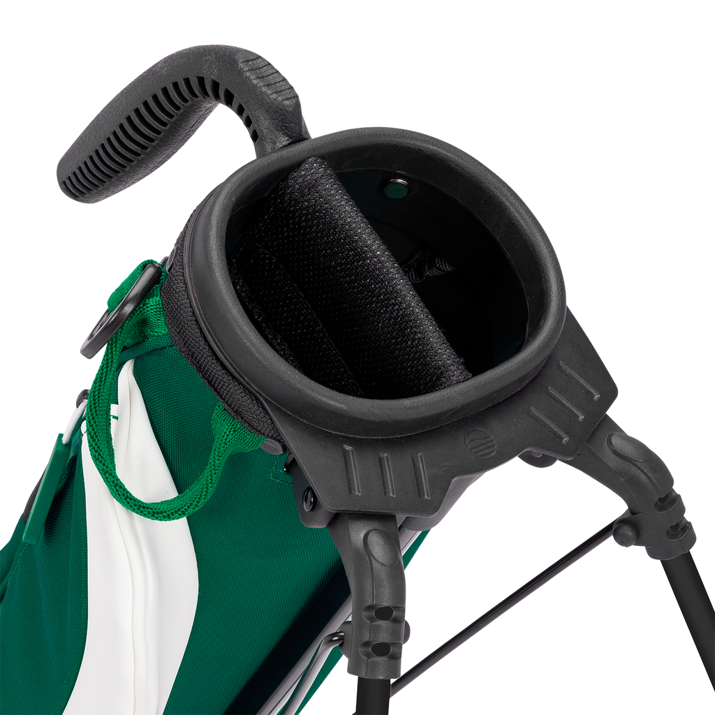 Close-up of a golf bag with a black club holder on a white background