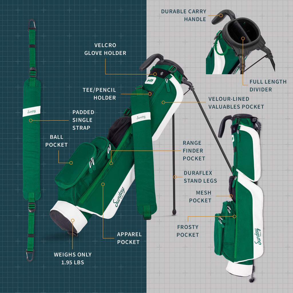 Green golf bag with features labeled on a grid background