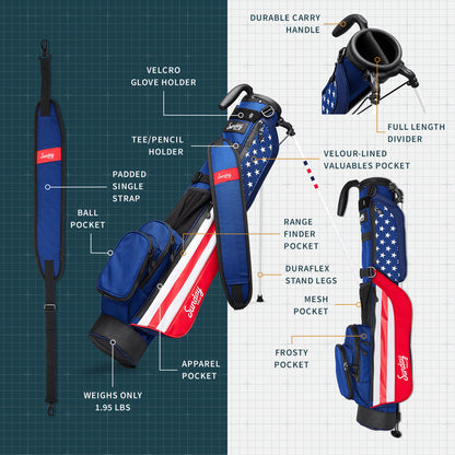 A product description image of Loma golf bag in patriot showing key features with labels
