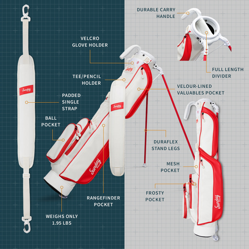 A product description image of Loma golf bag in red & off-white showing key features with labels