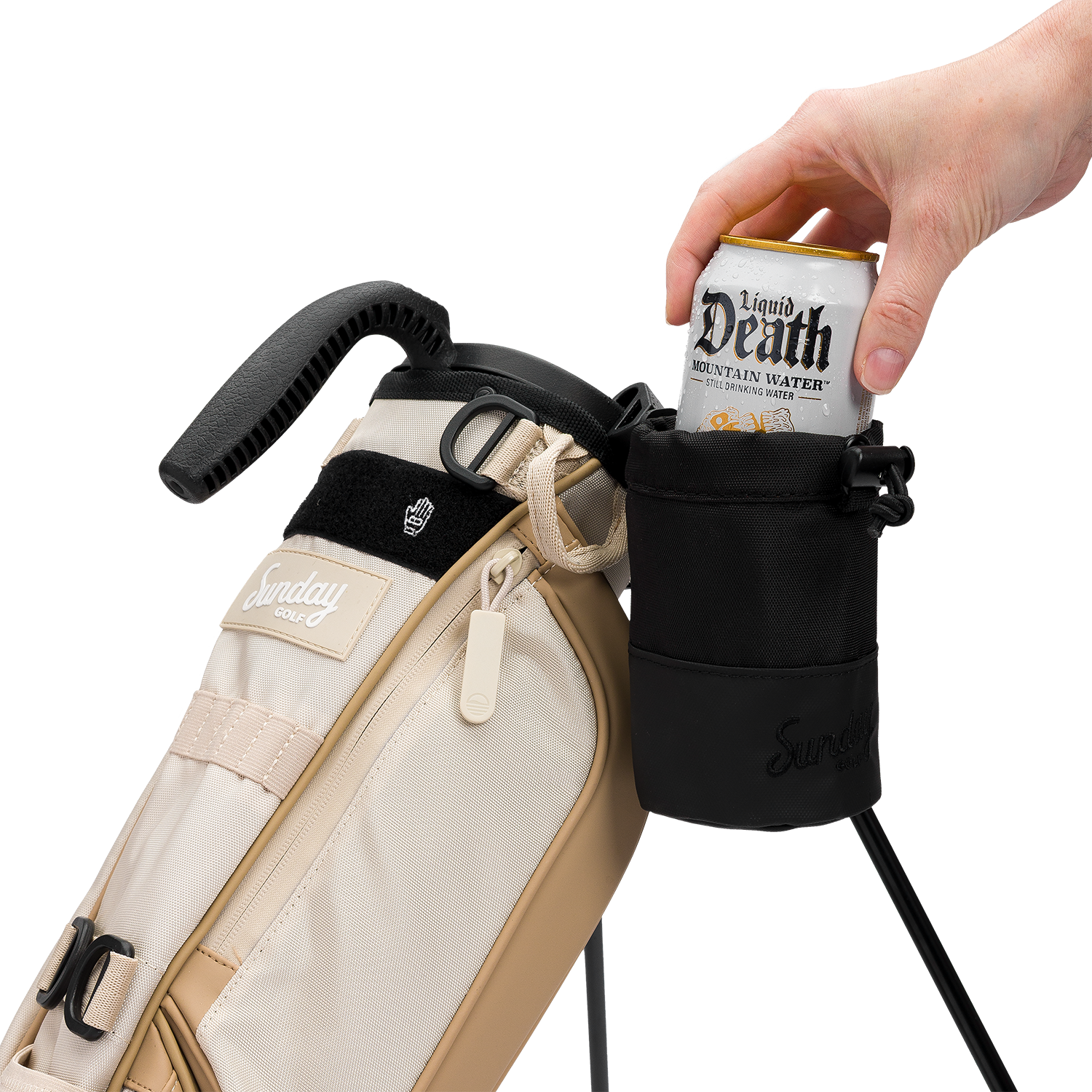 Loma bag with the Loma Koozie holding an alcoholic drink