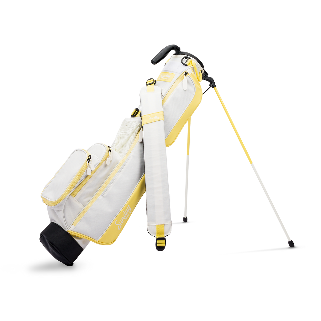 A full front shot of standing Loma golf bag in Mindy Lemon with single strap