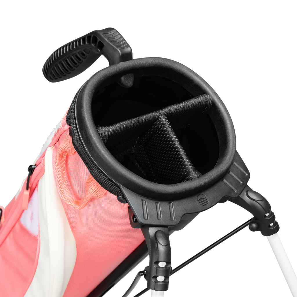 A close up top view of a coral Loma XL golf bag's 3-way divider
