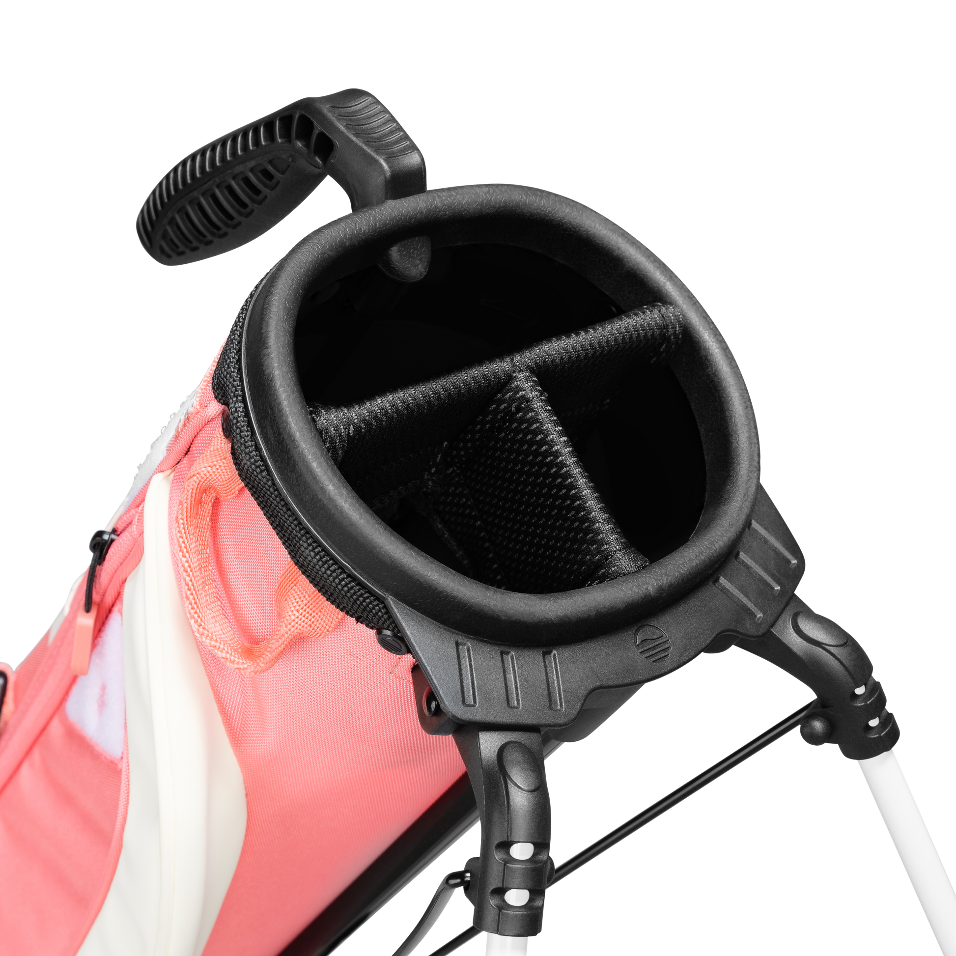 A close up top view of a coral Loma XL golf bag's 3-way divider