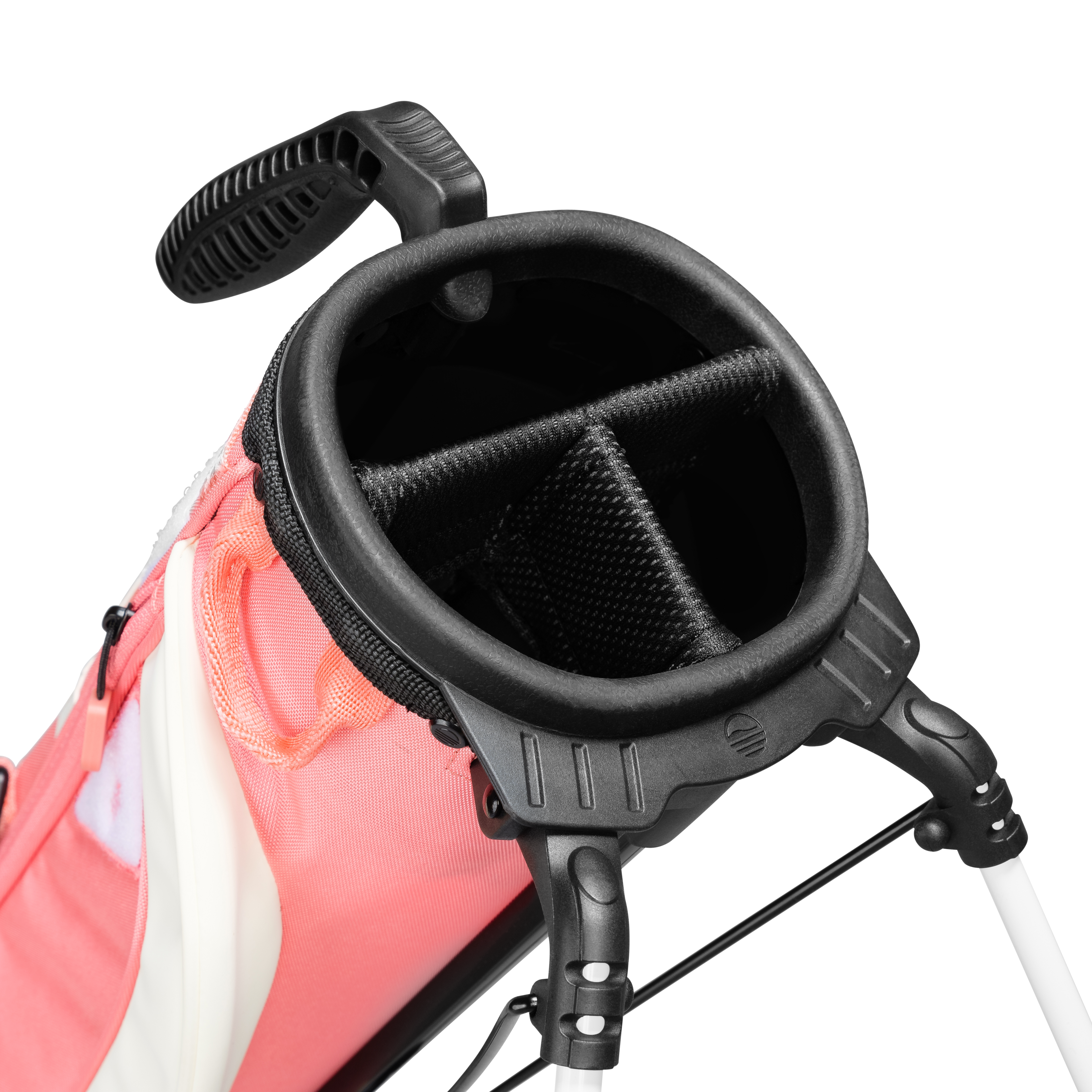 A close up top view of a coral Loma XL golf bag's 3-way divider