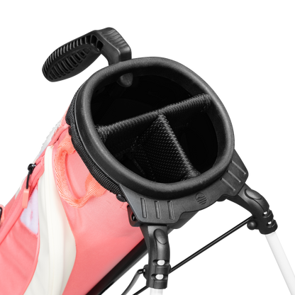 A close up top view of a coral Loma XL golf bag's 3-way divider