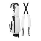 A full shot of Loma XL S-Class golf bag in white vegan leather laying flat sideways beside its double strap