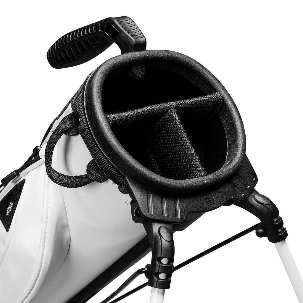 A close up top view of a white vegan leather Loma XL S-Class golf bag's 3-way divider