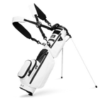 A full front shot of standing Loma XL S-Class golf bag in white vegan leather with double strap