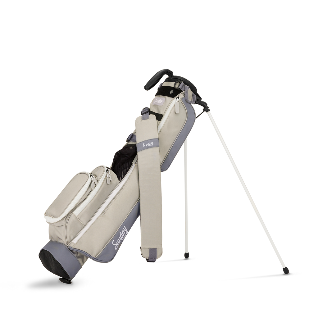 A full front shot of standing Loma golf bag in Cool Gray with single strap
