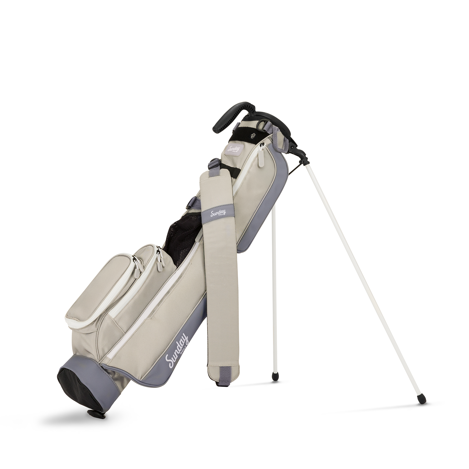 A full front shot of standing Loma golf bag in Cool Gray with single strap
