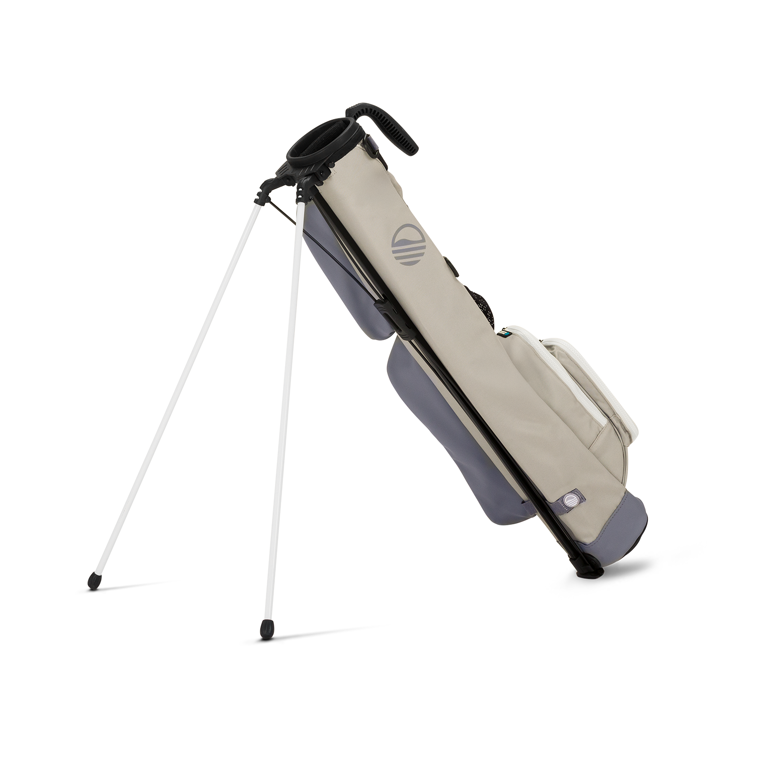 A full shot of standing Loma golf bag in Cool Gray facing backward
