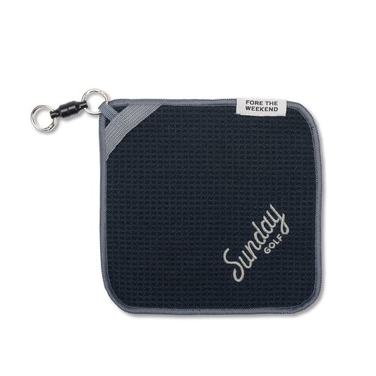 Front view of magnetic golf towel for Loma and Loma XL golf bag with clip