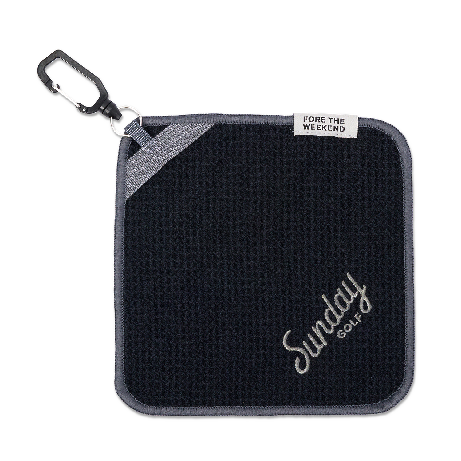 Black and gray magnetic towel with carabiner and 'Fore the Weekend' tag, featuring 'Sunday Golf' branding.