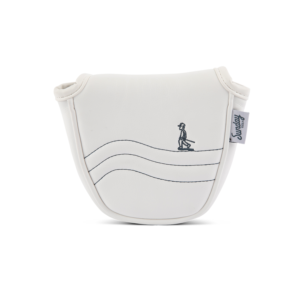 Rear shot of mallet putter golf headcover in white and navy vegan leather
