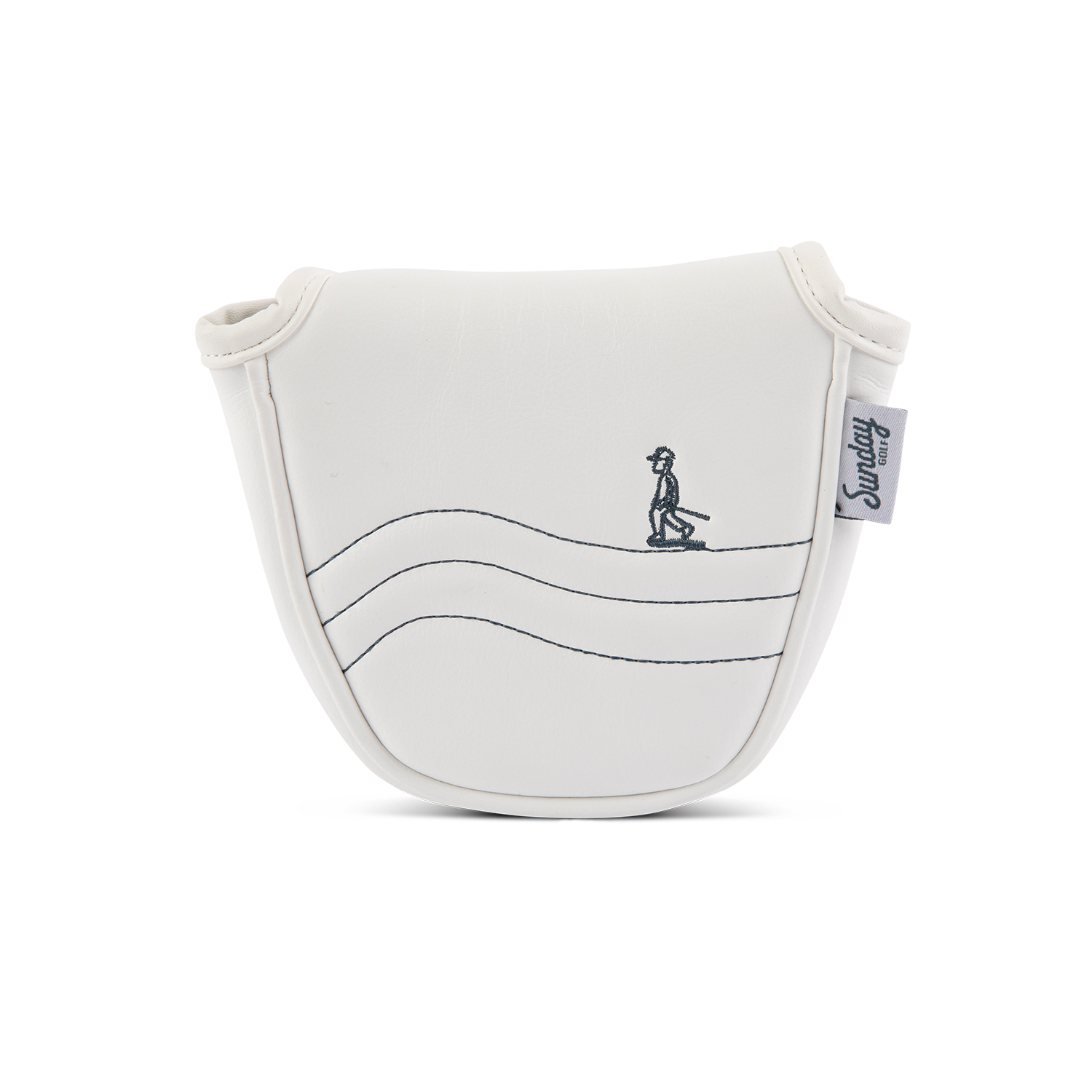 Rear shot of mallet putter golf headcover in white and navy vegan leather
