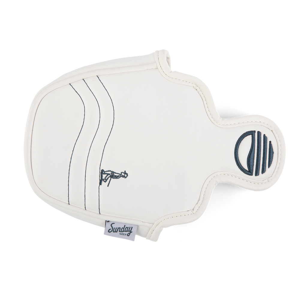 Top shot of mallet putter golf headcover in white and navy vegan leather