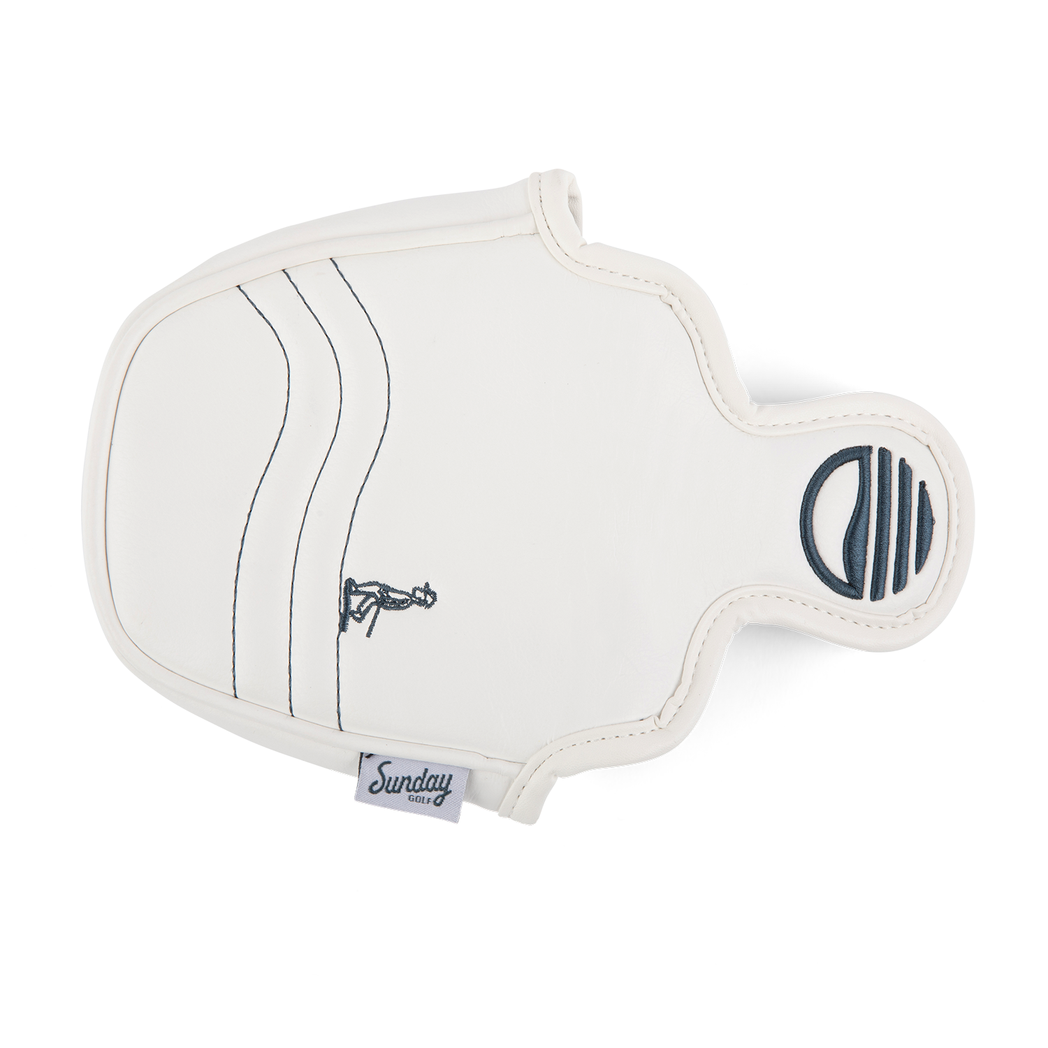 Top shot of mallet putter golf headcover in white and navy vegan leather