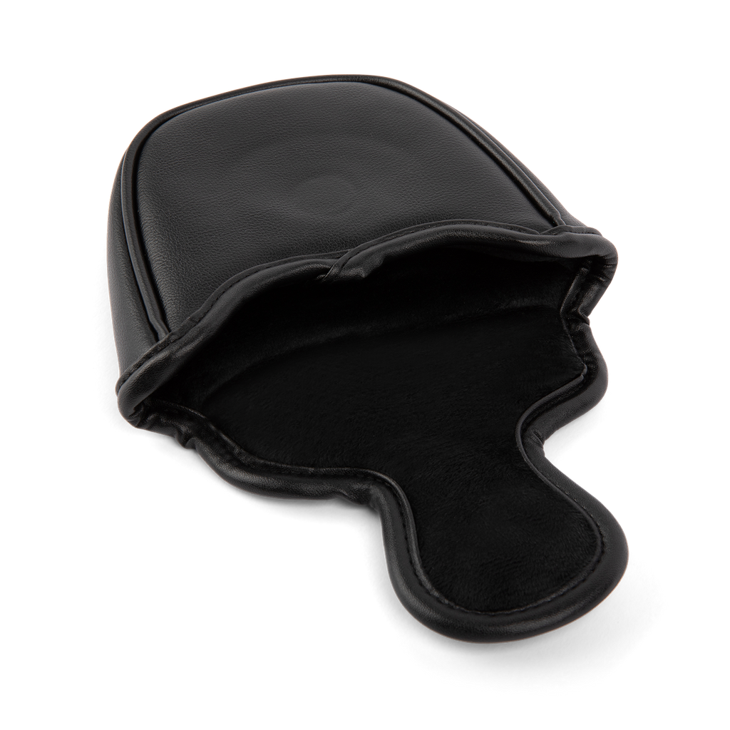 Inward shot of mallet putter golf headcover in black vegan leather
