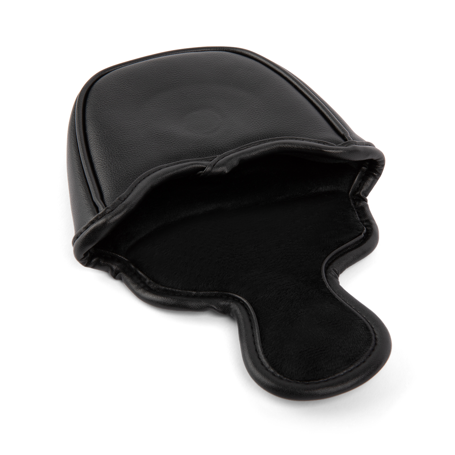 Inward shot of mallet putter golf headcover in black vegan leather
